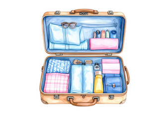 Watercolor illustration of an open suitcase neatly packed with folded clothes, toiletries, and travel essentials, ready for a vacation or journey.