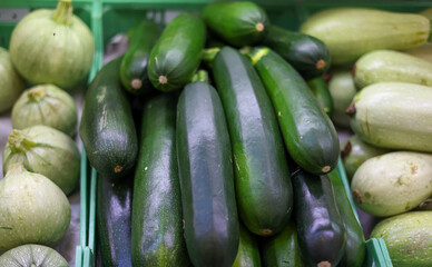 Seasonal fresh zucchini in a market