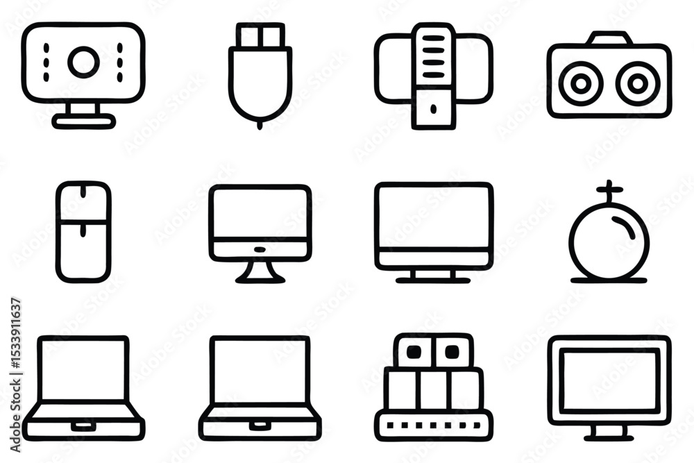 Poster collection of simple outlined vector icons illustrating computer hardware and technological devices