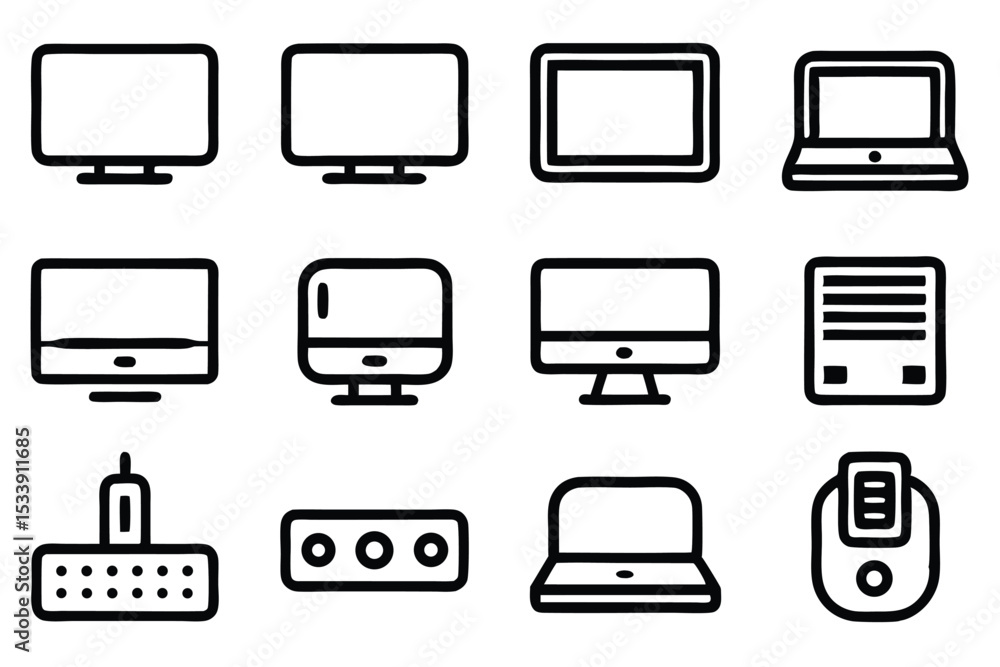 Poster hand drawn outline icons of various modern devices including computers and other technologies