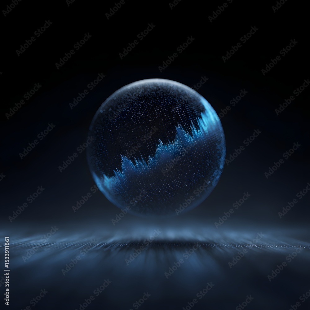 Poster floating data sphere displaying real time graph updates in blue