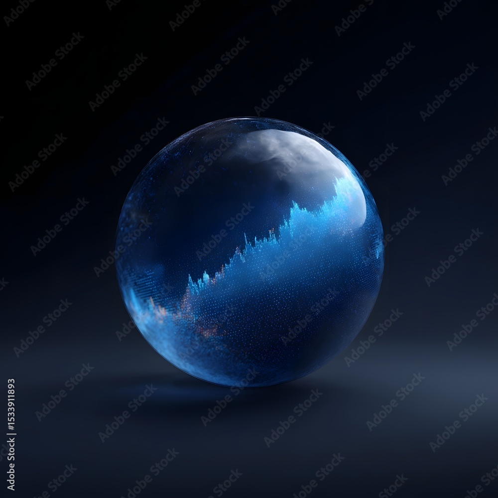 Poster floating data sphere displaying real time graph updates in blue