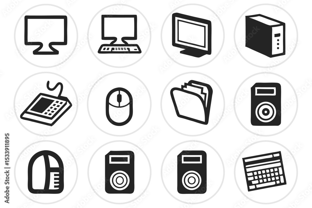 Poster vector illustration of computer peripherals icons set in minimalist circle design