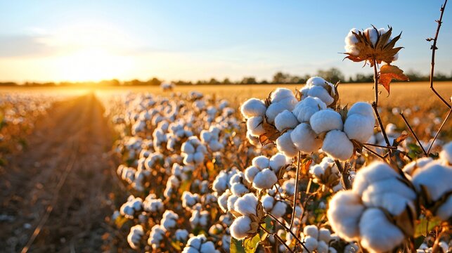 cotton fields ready for harvest, soft white bolls densely covering plants, sunlight filtering through nearby trees, calm rural backdrop with visible fencing