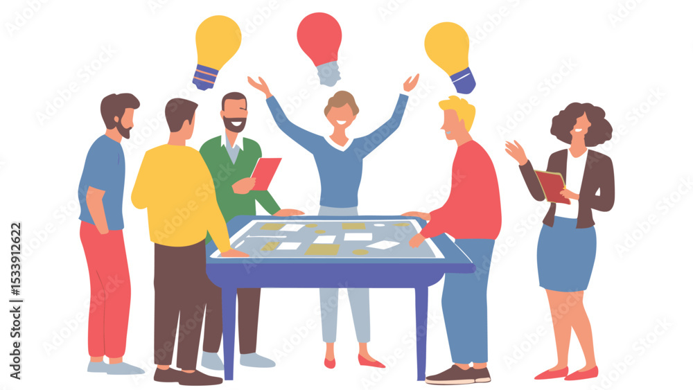 Poster group of people brainstorming ideas around a table with lightbulbs above their heads in a collaborat