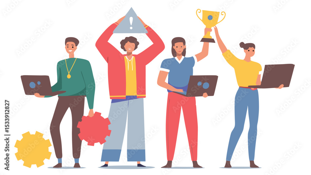 Poster team celebrating success with a trophy and laptops while addressing an error with an exclamation mar