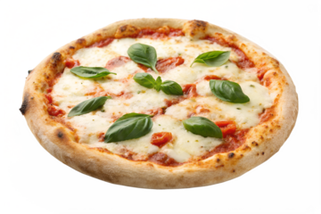 High-resolution PNG image of traditional Neapolitan (Napoletana) pizza with a thin, soft crust, tomato sauce, fresh mozzarella, and basil leaves. Isolated on a transparent background.
