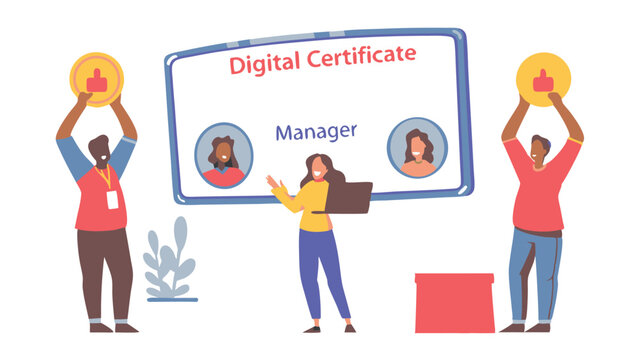 Illustration of people presenting a digital certificate for a manager with portraits shown