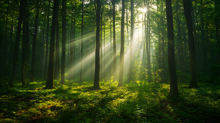 Obraz premium Beautiful rays of sunlight in a green forest