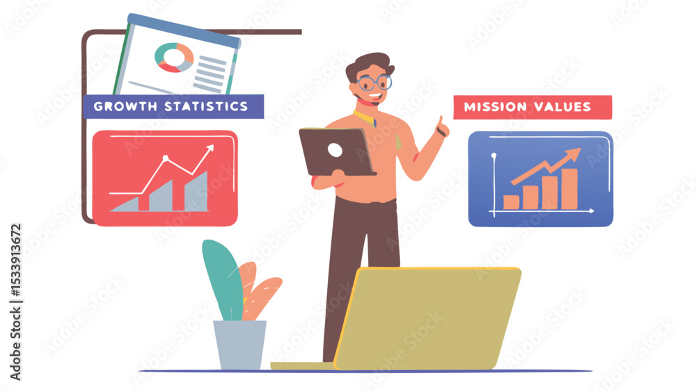 Poster man presenting growth statistics and mission values using a laptop in a business presentation settin