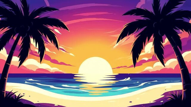 Sunny tropical beach with palm tree silhouettes on sunset background. Summer landscape. Vacation and travel concept, cartoon vector style