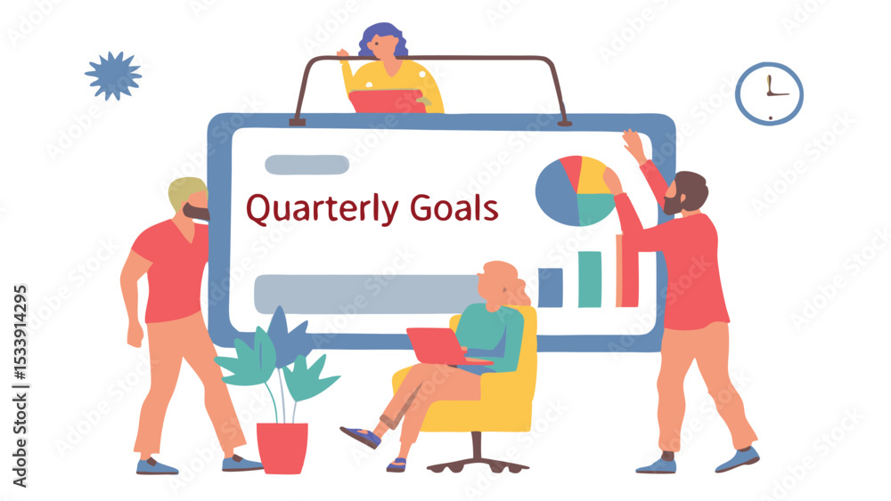 Poster team members collaborating on quarterly goals presentation with charts and graphs on a large screen 