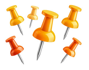 Orange push pins thumbtacks vector illustration stationery items on Transparent Background