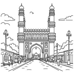 Line art illustration of Charminar viewed from street level with surrounding market scene, small shops, people silhouettes, rickshaws, streetlights, distant view of entire monument