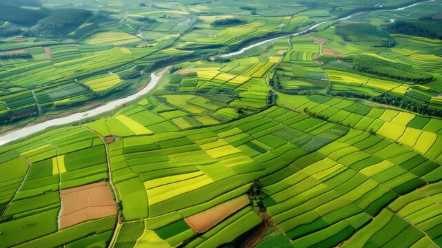 Expansive green fields and winding river flow under bright sky in rural landscape during daylight hours