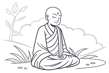 Meditating buddhist monk outline illustration in peaceful nature setting zen meditation