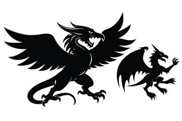 Obraz premium Two Black Dragon Silhouette Illustrations, Mythical Creatures, Winged Monsters, Heraldic Animals