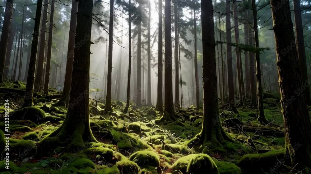 Poster sunlight filters through a dense forest of tall trees, illuminating moss-covered rocks and the fores