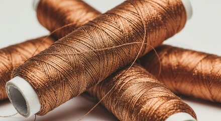 Copper sewing thread spools arranged in a stack on white background  