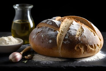 Still life with a loaf of bread, flour, oil and garlic on a black surface