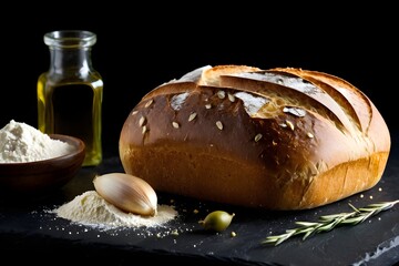 Still life with a loaf of bread, flour, oil and garlic on a black surface