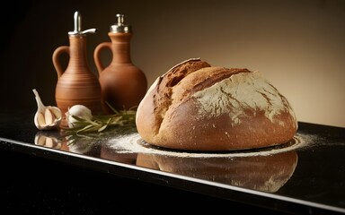 Still life with a loaf of bread, flour, oil and garlic on a black surface