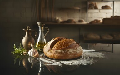 Still life with a loaf of bread, flour, oil and garlic on a black surface