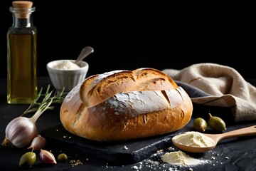 Still life with a loaf of bread, flour, oil and garlic on a black surface