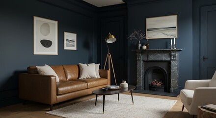 Elegant living room interior featuring a brown leather sofa fireplace artwork and decorative elements within a modern well lit indoor space