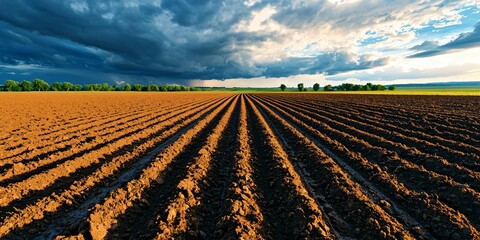 a freshly plowed field under a stormy sky, furrow lines drawing the eye toward a distant tree line on the horizon, deep earth tones, moody atmosphere, high realism with visible soil detail and