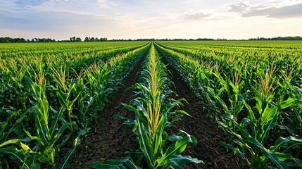 Naklejka premium cornfields in late summer with perfectly aligned rows leading to a vanishing point at the horizon, tall green stalks with silk tassels glistening in the sun, light breeze creating gentle movement,