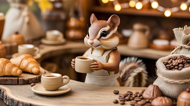 A whimsical chipmunk barista serving a warm cup of coffee in a cozy cafe with rustic wood and soft