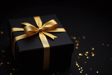 black gift box with a gold ribbon and bow