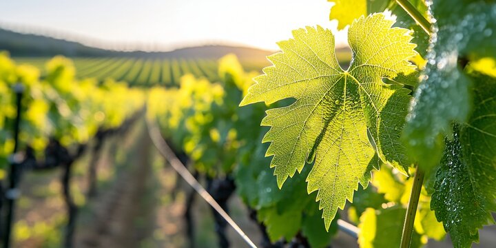 macro shot of grapevine tendrils curling around a support wire, blurred background revealing soft shapes of vineyard rows extending to horizon, fresh leaves with visible veins, dewy freshness