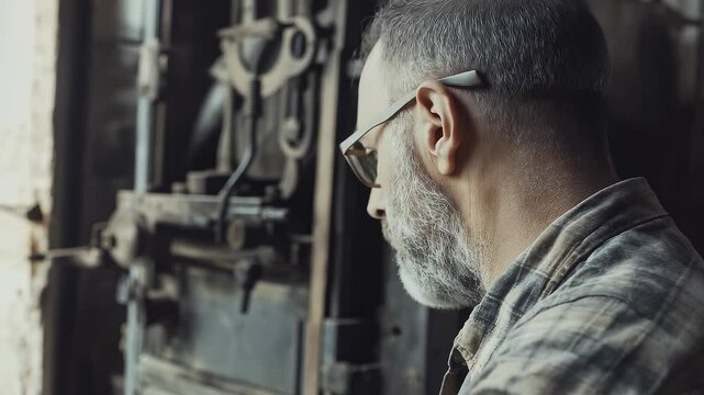 Close-up of craftsman focused on work in old workshop