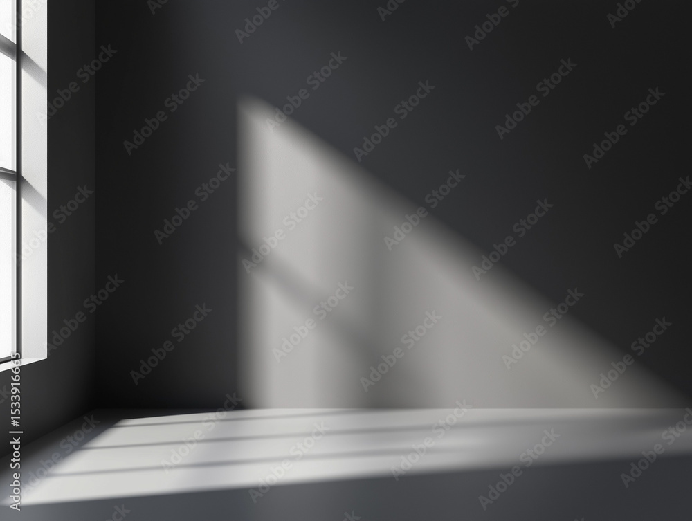 Poster sunlight streaming into empty dark room through window creates contrast