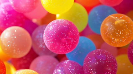 A beautiful and festive image of a bunch of colorful and shiny balloons. There are red, orange, yellow, green, blue, purple, and pink balloons.