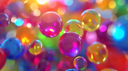Amazing 3D rendering of colorful glossy spheres floating in the air against a blurred background of rainbow-colored lights.