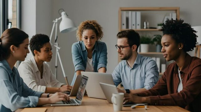 Diverse team collaborating in modern office setting - Powered by Adobe