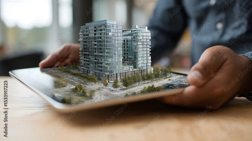 Poster 3d building model projected from tablet in engineer s hands