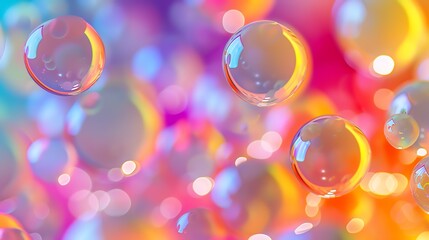Floating transparent soap bubbles with a beautiful blurred background with gradient.