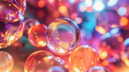 3D rendering of a colorful cluster of transparent soap bubbles. The bubbles are of different sizes and have a glossy, reflective surface.