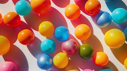 3D rendering of a colorful array of glossy balls with shadows on a white background.