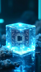 A futuristic microchip and glowing circuit board frozen inside a high-tech transparent ice cube, floating in a neon-blue cyberpunk environment. Sci-fi aesthetic with digital glitch effects