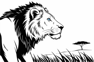 lion in black and white with blue eyes