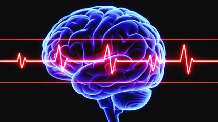 Medical diagram of overactive human brain with inflammation focus and disrupted electrical signals in high contrast
