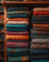 Stacked sweaters, various colors and patterns, on shelves