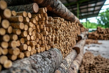 Stacked wood logs in a shed