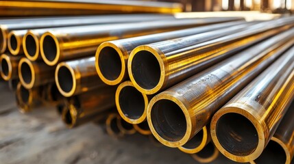 Stacks of metallic pipes, brassy-gold tone