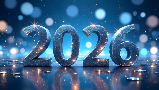 Sparkling Blue 2026 New Year Numbers on Reflective Surface with Glowing Lights and Bokeh Background Isolated on White P N G Download for Social Media Advertisement Banner - Powered by Adobe